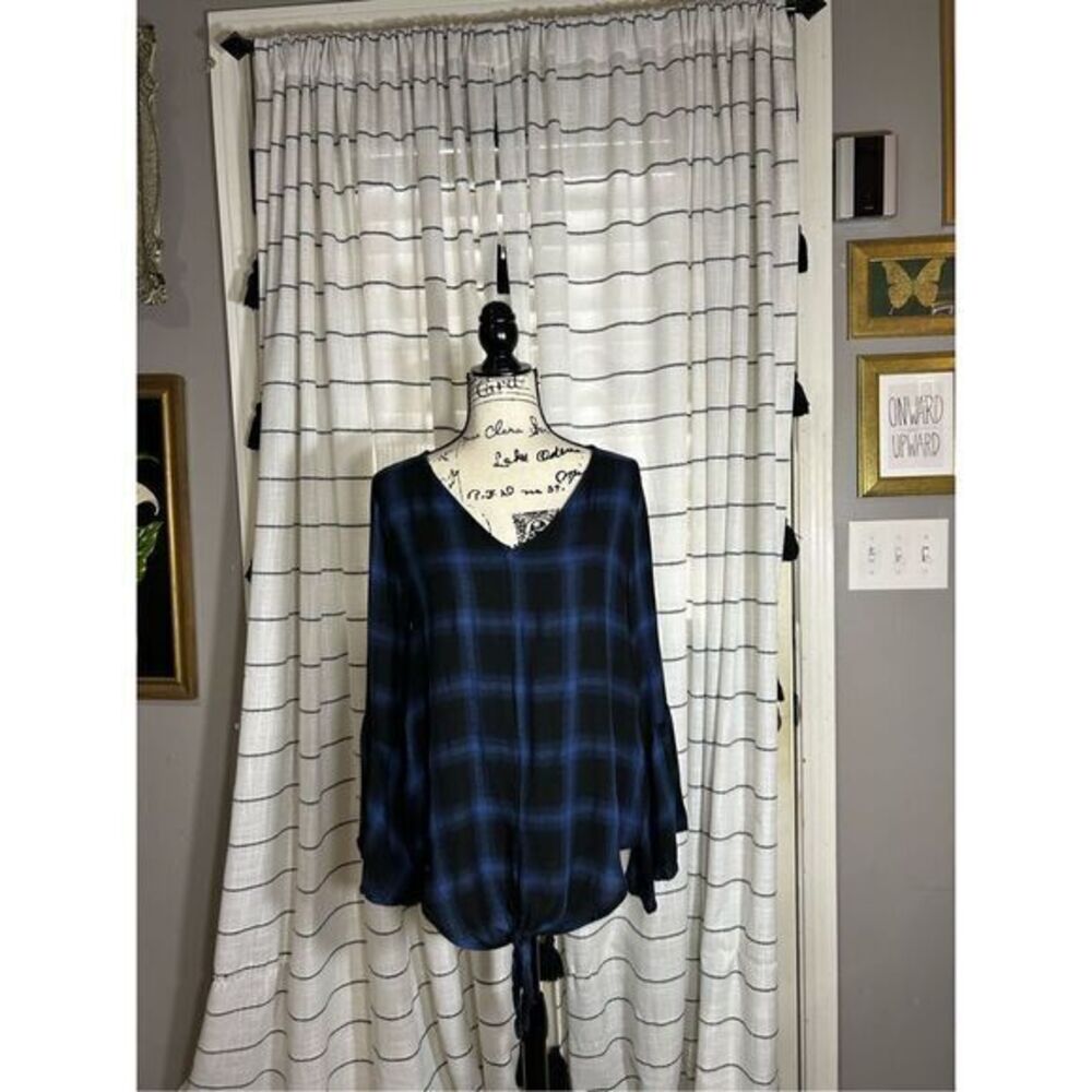 Blue and Black Plaid Bell Sleeve Top Size Large